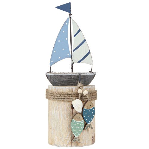 Artikel Maritieme decoratie zeilboot hout met vis wit blauw H24cm