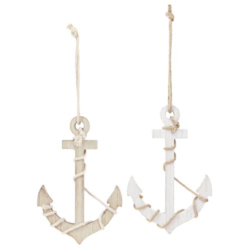 Artikel Maritiem houten anker om op te hangen wit naturel 13,5×20cm 2 st
