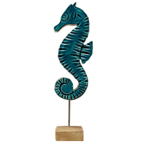 Floristik24 Maritieme decoratie zeepaardje op standaard mangohout turquoise 19,5cm