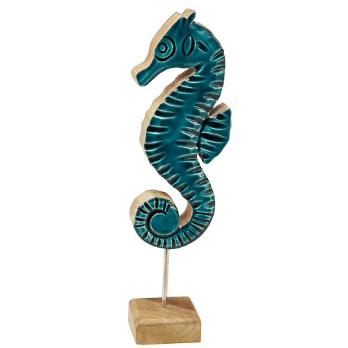 Artikel Maritieme decoratie zeepaardje op standaard mangohout turquoise 29cm