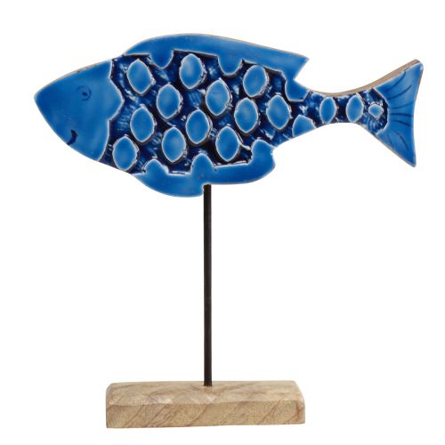 Artikel Maritieme decoratieve houten vis op standaard blauw 25cm x 24,5cm