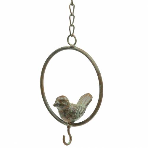Artikel Vogel in een ring als voedselhanger bruin-groen metaal Ø9,8cm L32,5cm