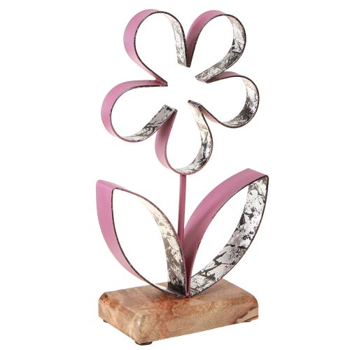 Artikel Metalen Decoratie Bloem op Houten Voet Oud Roze Zilver H29cm
