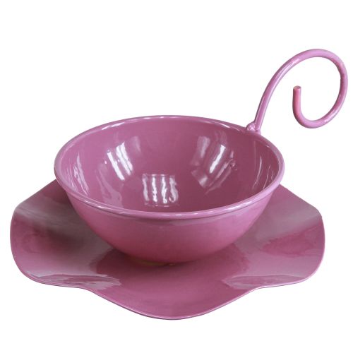 Floristik24 Metalen decoratieve kop en schotel roze H8cm Ø11,5cm 2st