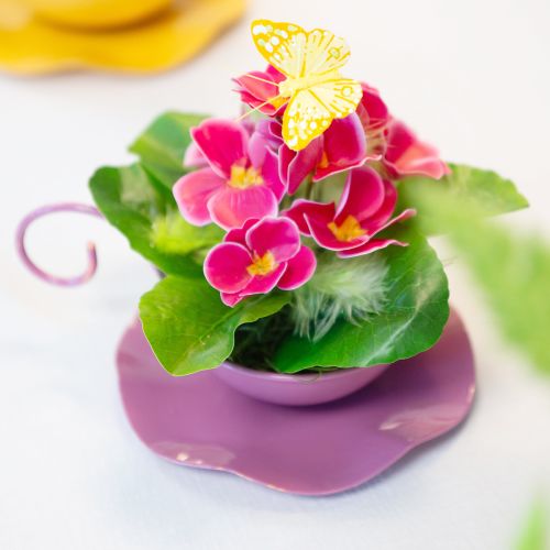 Artikel Metalen decoratieve kop en schotel roze H8cm Ø11,5cm 2st