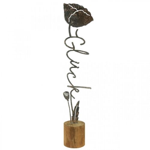 Metalen deco bloem houten standaard met opschrift &quot;Happiness&quot; H40cm