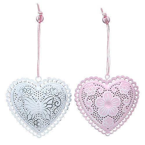 Floristik24 Metalen hanger hart wit, roze 8,5cm 6st