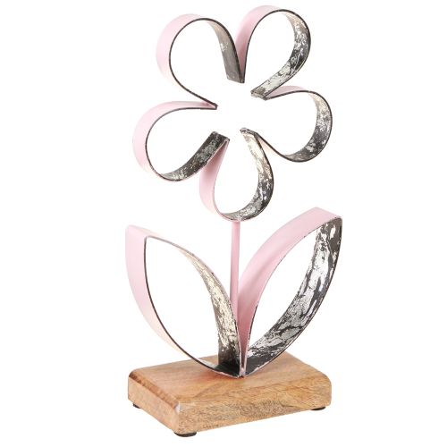 Metalen bloem op houten voet roze zilver vintage H29cm