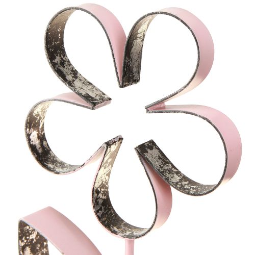Artikel Metalen bloem op houten voet roze zilver vintage H29cm