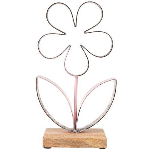 Artikel Metalen bloem op houten voet roze zilver vintage H29cm