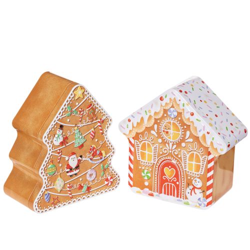 Kerstblik, koekblik, kerstboom en huisje, peperkoeklook, 14 cm, 2 stuks kopen | Floristik24.nl