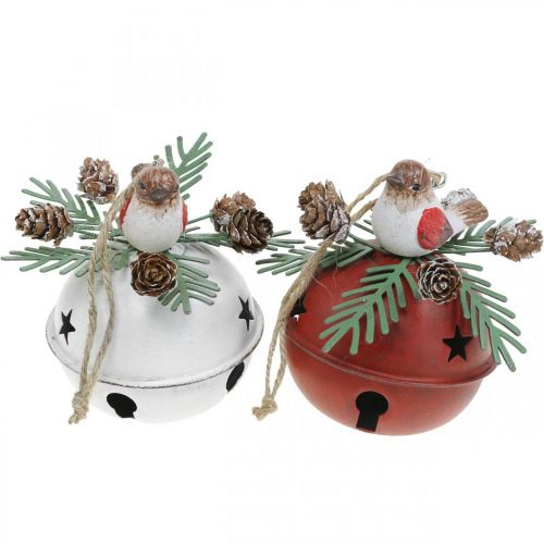 Bellen met roodborstjes, vogeldecoratie, winter, decoratieve kerstklokken wit/rood Ø9cm H10cm set van 2