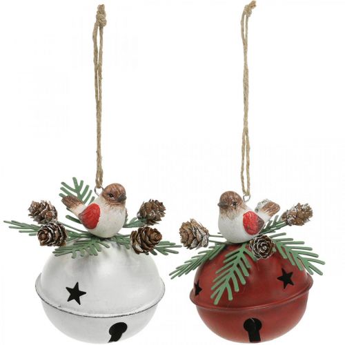 Bellen met roodborstjes, vogeldecoratie, winter, decoratieve kerstklokken wit/rood Ø9cm H10cm set van 2