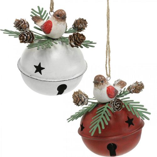 Floristik24 Bellen met roodborstjes, vogeldecoratie, winter, decoratieve kerstklokken wit/rood Ø9cm H10cm set van 2