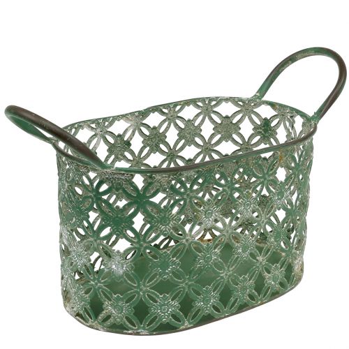Floristik24 Metalen ovale mand met handvat 25cm x 16.5cm H21cm Groen