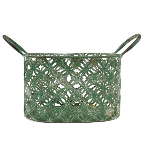 Floristik24 Metalen ovale mand met handvat 25cm x 16.5cm H21cm Groen
