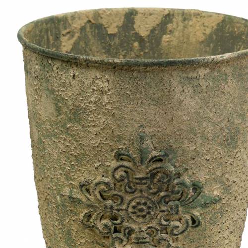Floristik24 Decoratieve metalen beker met ornament mosgroen, beige Ø16cm H31cm