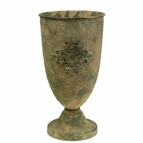 Floristik24 Decoratieve metalen beker met ornament mosgroen, beige Ø16cm H31cm