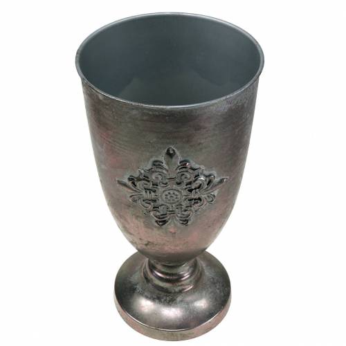 Floristik24 Decoratieve metalen beker met ornament zilvergrijs Ø16.5cm H31cm
