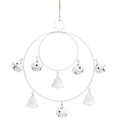 Floristik24 Ring met bellen, adventsdecoratie, ringkrans, metalen decoratie om op te hangen Wit H22.5cm B21.5cm