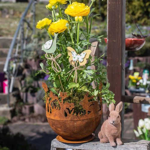 Floristik24 Metalen schaal met konijnen, paasversieringen, plantenbak voor patina Ø18cm H19.5cm