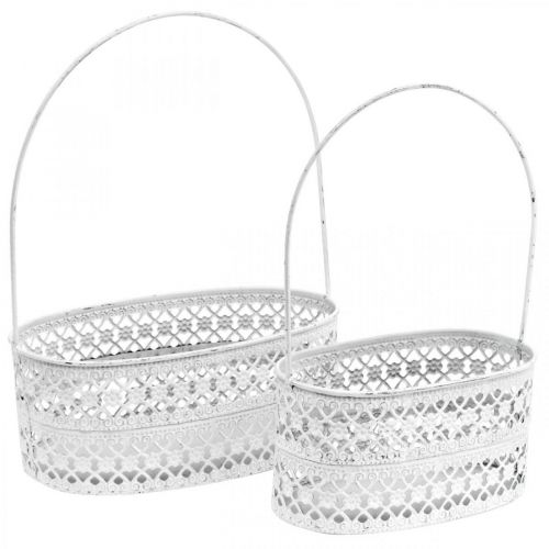 Floristik24 Metalen mand ovaal, siervat voor beplanting wit, zilver vintage look L17 / 22cm H25 / 28cm set van 2