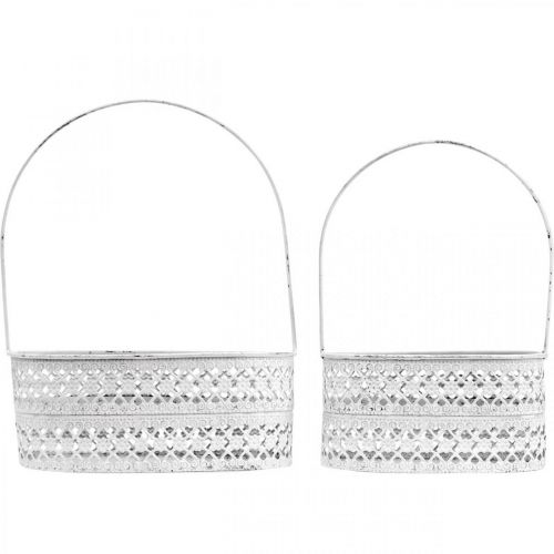 Floristik24 Metalen mand ovaal, siervat voor beplanting wit, zilver vintage look L17 / 22cm H25 / 28cm set van 2