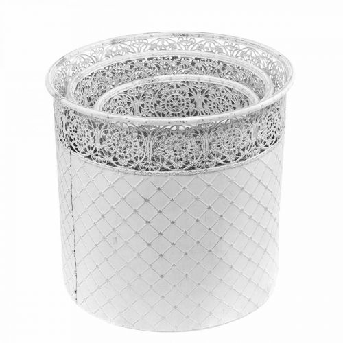 Artikel Bloempot met kantpatroon, metalen schaal, decoratieve emmer wit, zilver shabby chic H28/25.5/23.5 cm Ø29.5/25.5/20 cm set van 3