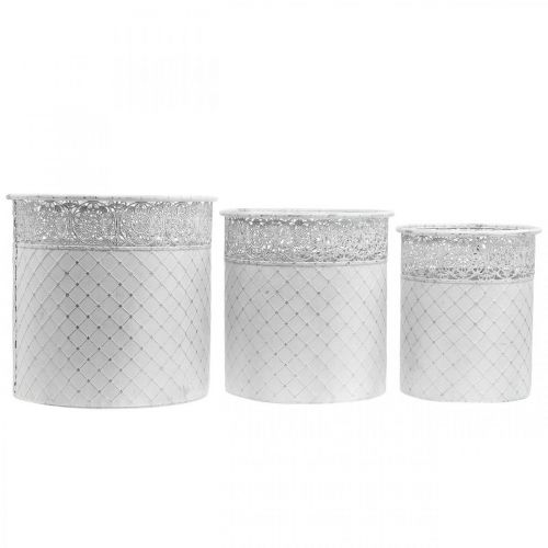Artikel Bloempot met kantpatroon, metalen schaal, decoratieve emmer wit, zilver shabby chic H28/25.5/23.5 cm Ø29.5/25.5/20 cm set van 3