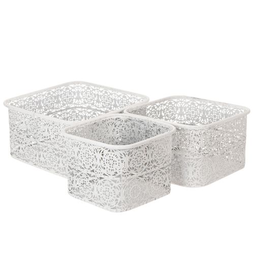 Floristik24 Metalen kommen met kantpatroon, decoratieve schaal, vierkant, shabby chic, wit, 27/23/19 cm, H13,5 cm, set van 3