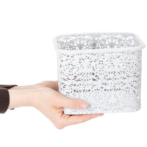 Artikel Metalen kommen met kantpatroon, decoratieve schaal, vierkant, shabby chic, wit, 27/23/19 cm, H13,5 cm, set van 3