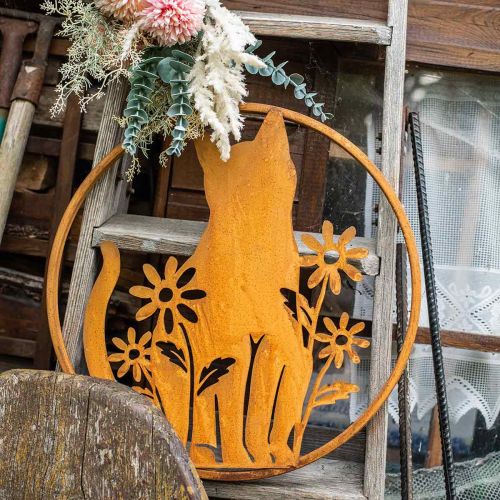 Floristik24 Metalen bord patina kat met bloemen Ø38cm