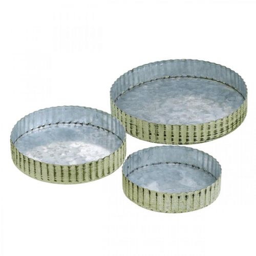 Artikel Metalen borden voor decoratie, tafeldecoratie, kaarsenplateau rond zilver, groen shabby chic Ø14/16.5/19.5 cm H3.5 cm set van 3