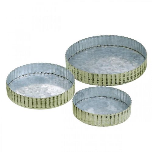 Floristik24 Metalen borden voor decoratie, tafeldecoratie, kaarsenplateau rond zilver, groen shabby chic Ø14/16.5/19.5 cm H3.5 cm set van 3