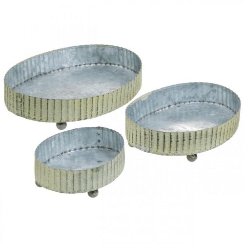 Artikel Dienblad voor decoratie, kaarsenbakje ovaal, metalen decoratie zilver, groen shabby chic L25/22/18cm H6cm set van 3