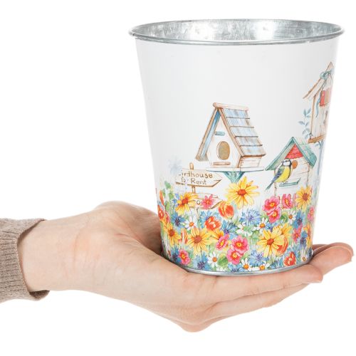 Artikel Metalen pot met motief, plantenbak met vogelhuisjes, blikken emmer H13cm Ø11,5cm