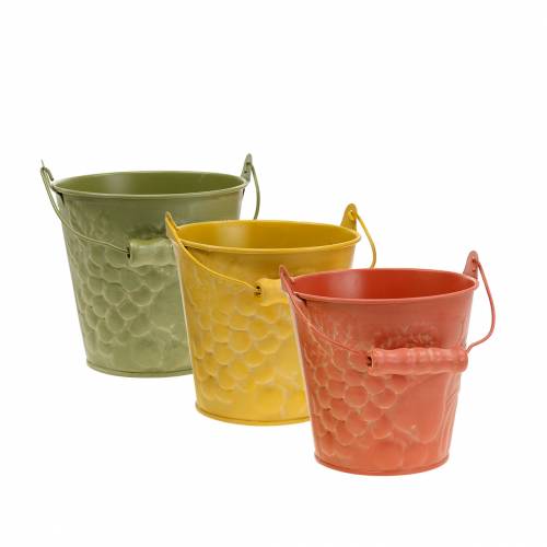 Decoratieve emmer fruit geel, oranje, groen gewassen Ø12.5cm H12cm set van 3