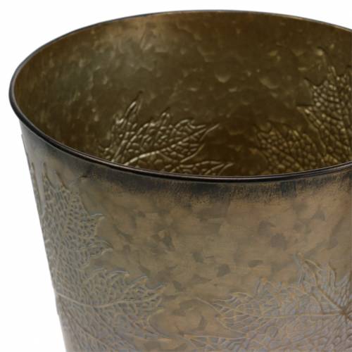 Floristik24 Decoratieve pot met bladeren zink metallic grijs, oranje, bruin Ø18.5cm H15.5cm 3st