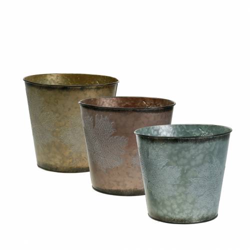 Decoratieve pot met bladeren zink metallic grijs, oranje, bruin Ø17cm H14.5cm 3st