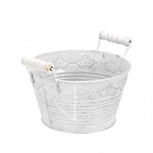 Sierschaal voor opplant, pot met houten handvatten, metalen decoratie wit, zilver Ø16.5cm H12.5cm B20cm