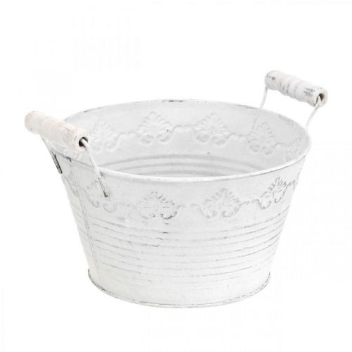 Reliëf plantenbak, decoratieve kom met houten handvatten, metalen pot wit, zilver Ø18.5cm H12cm B22cm