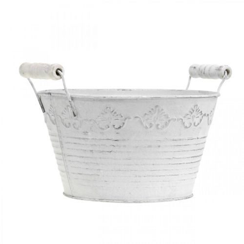 Floristik24 Reliëf plantenbak, decoratieve kom met houten handvatten, metalen pot wit, zilver Ø18.5cm H12cm B22cm