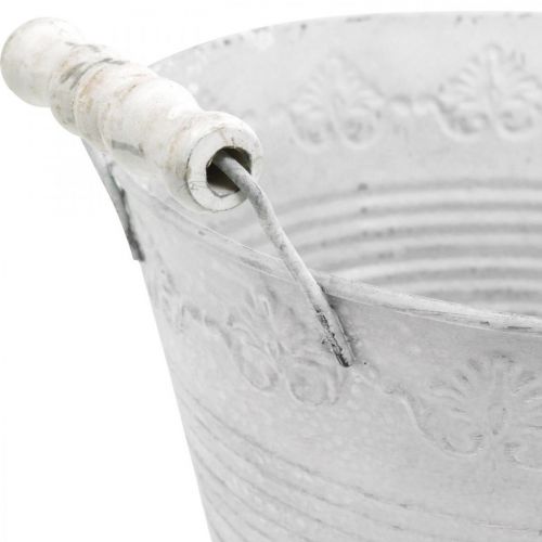 Artikel Reliëf plantenbak, decoratieve kom met houten handvatten, metalen pot wit, zilver Ø18.5cm H12cm B22cm