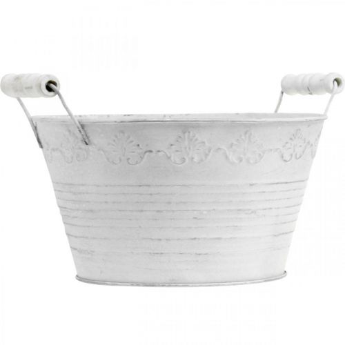 Floristik24 Metalen schaal, sierschaal met patroon, plantenpot met houten handvatten wit, zilver Ø21.5cm H14.5cm B24.5cm