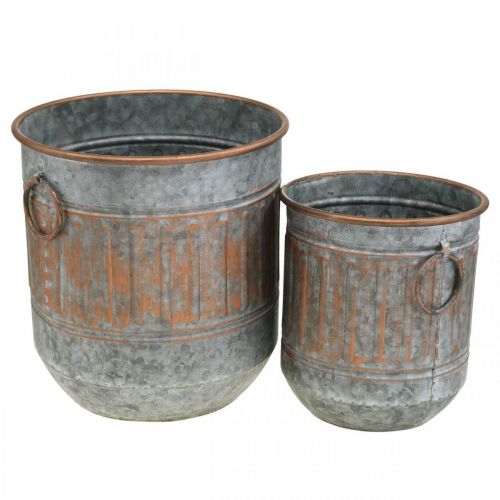 Floristik24 Sierschaal met handvatten, plantenpot, metalen schaal zilver, koperkleurige antiek look H31 / 24,5cm Ø29,5 / 22cm set van 2