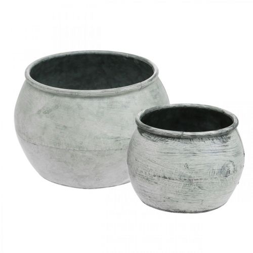 Floristik24 Ronde metalen pot, sierschaal, plantenschaal zilver, gewassen wit, antiek look Ø25,5 / 18cm H17 / 13cm, set van 2