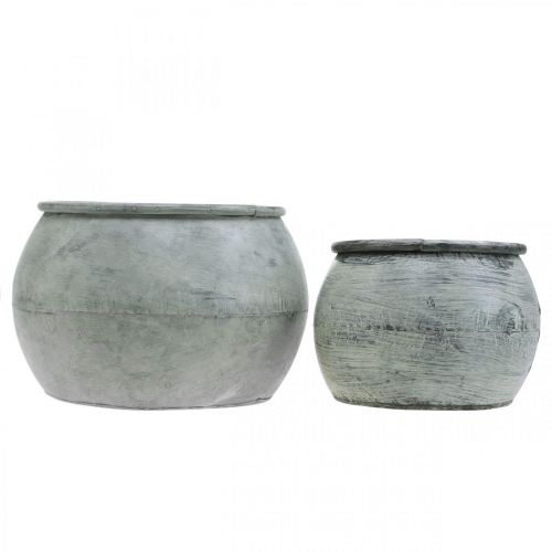 Artikel Ronde metalen pot, sierschaal, plantenschaal zilver, gewassen wit, antiek look Ø25,5 / 18cm H17 / 13cm, set van 2