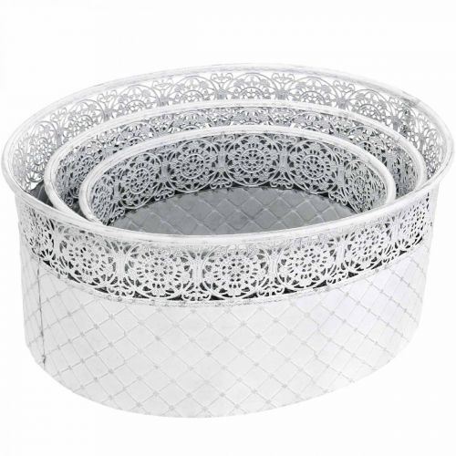 Artikel Schaal om op te planten, metalen schaal met kantpatroon, sierpot ovaal wit, zilver shabby chic L41.5/35/29.5 cm H19/16/14.5 cm set van 3