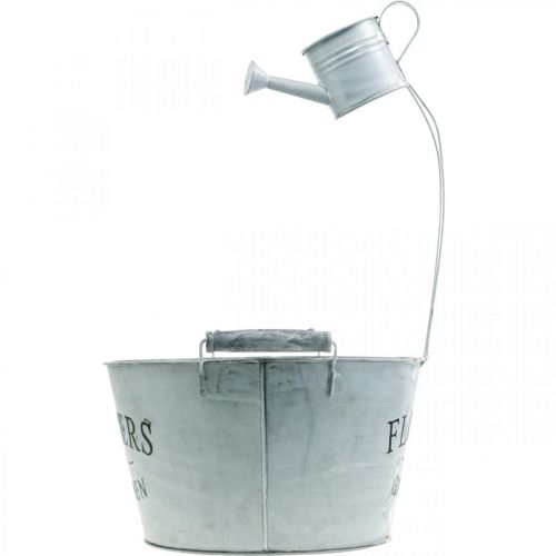 Artikel Plantkom met gieter, tuindecoratie, metalen plantenbak zilver white wash H41cm Ø28cm/Ø7cm