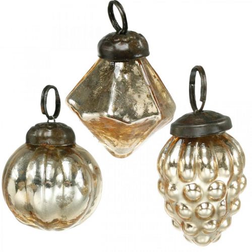 Floristik24 Mini boombollen, ruit / bol / kegel, boomhanger mix antiek look Ø3–3,5cm H4,5–5,5cm 9st